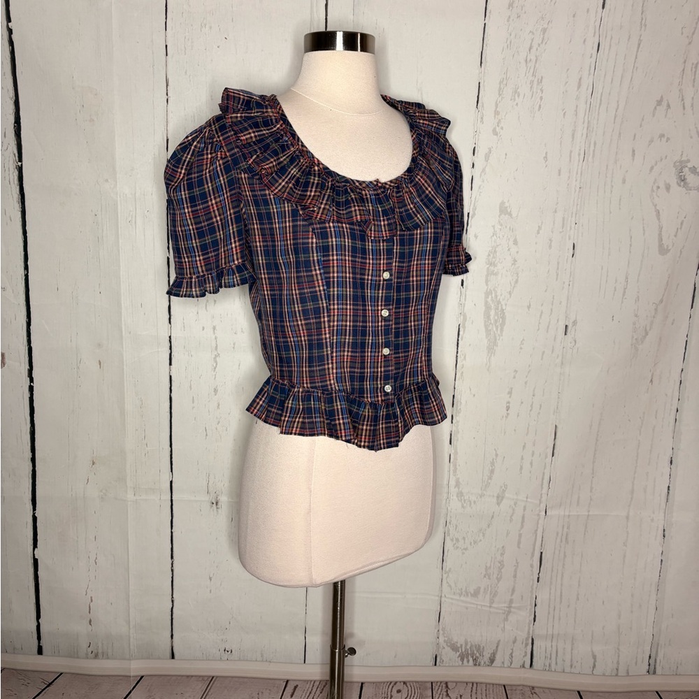 Plaid Ruffle Peplum Top - Navy Multi - Picture 4 of 5